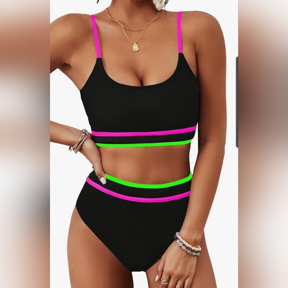 Vibrant Black High Waisted Bikini with Neon Accents Size Med